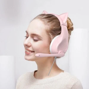 Pink Ear Cat Headphone with Mic Wired Stereo OverEar Gaming Headset for PS4/5 PC - Picture 1 of 5