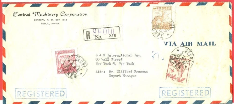 Ciervo de Corea + Planta 3 sello diff usado en SEOUL cubierta Adv registrada a EE. UU. 1962 Foto 1 de 1