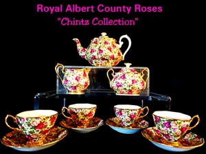 ROYAL ALBERT OLD COUNTRY ROSES CHINTZ COLLECTION TEAPOT, TEACUPS, CREAMER, SUGAR - Picture 1 of 9