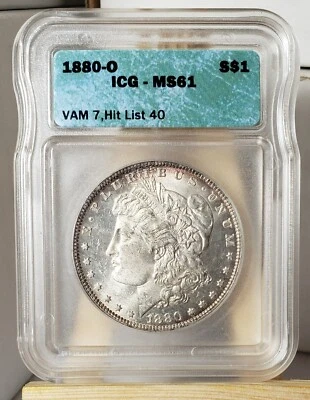 1880-O MORGAN DOLLAR- MINT STATE 61!- HIT LIST 40 VAM 7!!-FAINTLY TONED!!! - Image 1 of 4