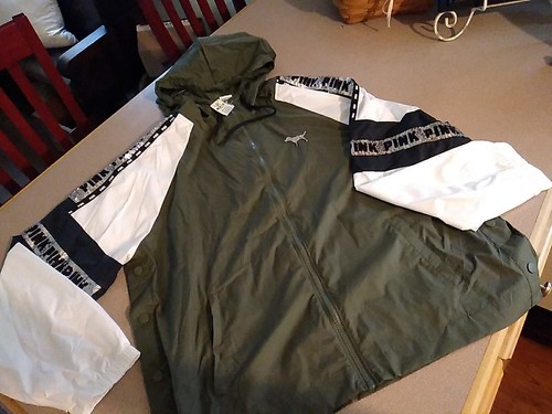 UNDERCOVER Giacca Anorak Victoria's Secret Rosa Bling Verde Esercito Full Zip Htf M L NUOVA