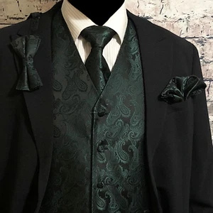 Dark Green Paisley Tuxedo Dress Vest Waistcoat & Neck tie & Bowtie & Hanky SET - Picture 1 of 4