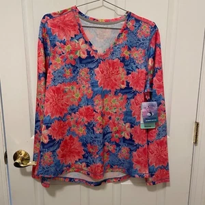 REEL LEGENDS Women’s Large Long-sleeve Activewear Top Pink,Blue Floral Print NWT - Picture 1 of 6