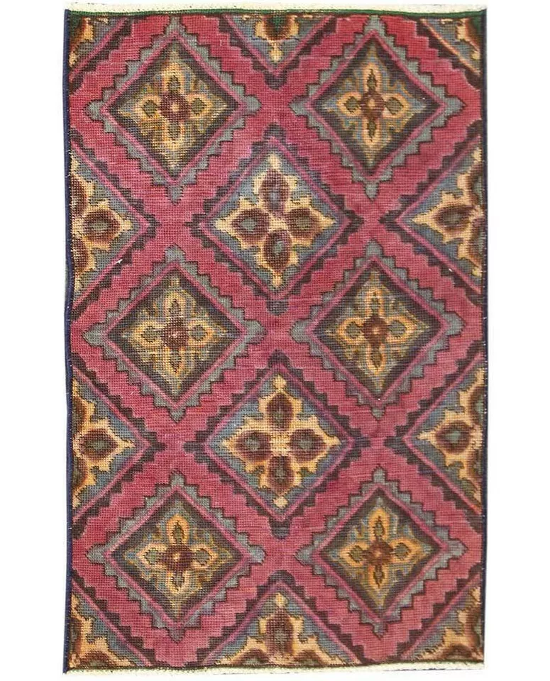 3x4 Classic Vintage Hand Knotted Purple Geometric Wool Oriental Area Rug - Image 1 of 4