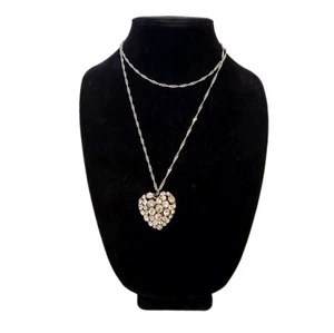 Silver Plated Puffed Filigree Heart w Rhinestones on 36" Singapore necklace - Picture 1 of 13