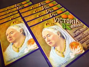 X10 WHOLESALE ORANGE CRATE LABEL QUEEN VICTORIA RIVERSIDE VINTAGE UK ENGLAND A5 - Picture 1 of 3