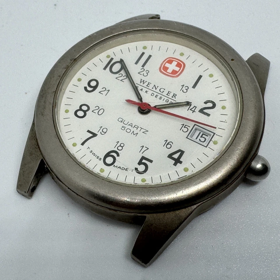 Винтажные швейцарские кварцевые мужские часы Wenger SAK 50 м серебристо-белые ~на запчасти для ремонта - Изображение 1 из 4