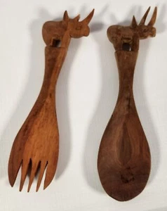 Rhinoceros Rhino Wood Utensils Salad Primitive Fork Spoon Servers Carved 10" A48 - Imagen 1 de 6