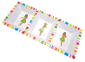 Hula Girl Divided Serving Tray Colorful Striped Border Heavy Melamine DH1367 - Picture 1 of 9