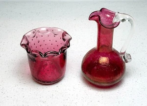 Vintage Cranberry Art Glass Cruet & Hobnail Vase Set – 1970s Unmarked - Picture 1 of 4