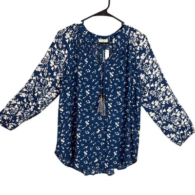 Blusa Pullover Rayón Azul Floral Mason & Belle Stitch Fix Borlas Talla S Nueva con Etiquetas  Foto 1 de 4