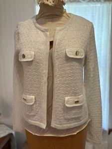 Lilly Pulitzer White Mid Length Cardigan Size L Gold Buttons Pockets (SEE FLAW) - Picture 1 of 10