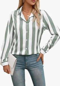 New Womens Satin Button Down Shirt Long Sleeve Striped Green Cream Size Small - Picture 1 of 10