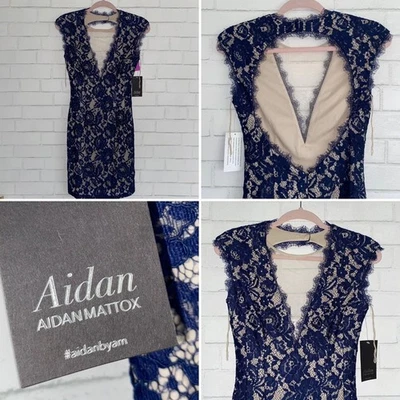 NEW Aidan Mattox Blue Lace Deep V Bodycon Cocktail Evening Party Dress sz 2 NWT - Image 1 of 4