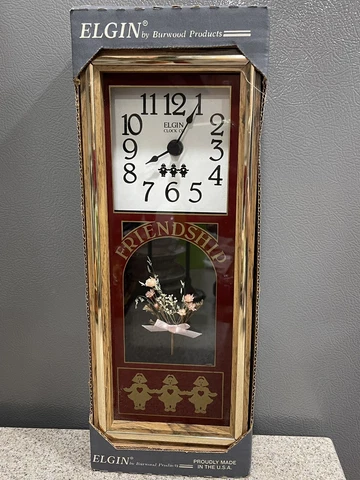 Vintage & NIB! Elgin Wall Clock Dutch Girl Friendship Shadow Box, Wood Brown Cover