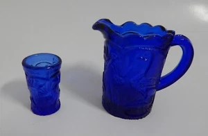 2 Piece Set Vintage Miniature Cobalt Blue Peacock Pitcher & 1 Glass Set READ - Picture 1 of 10