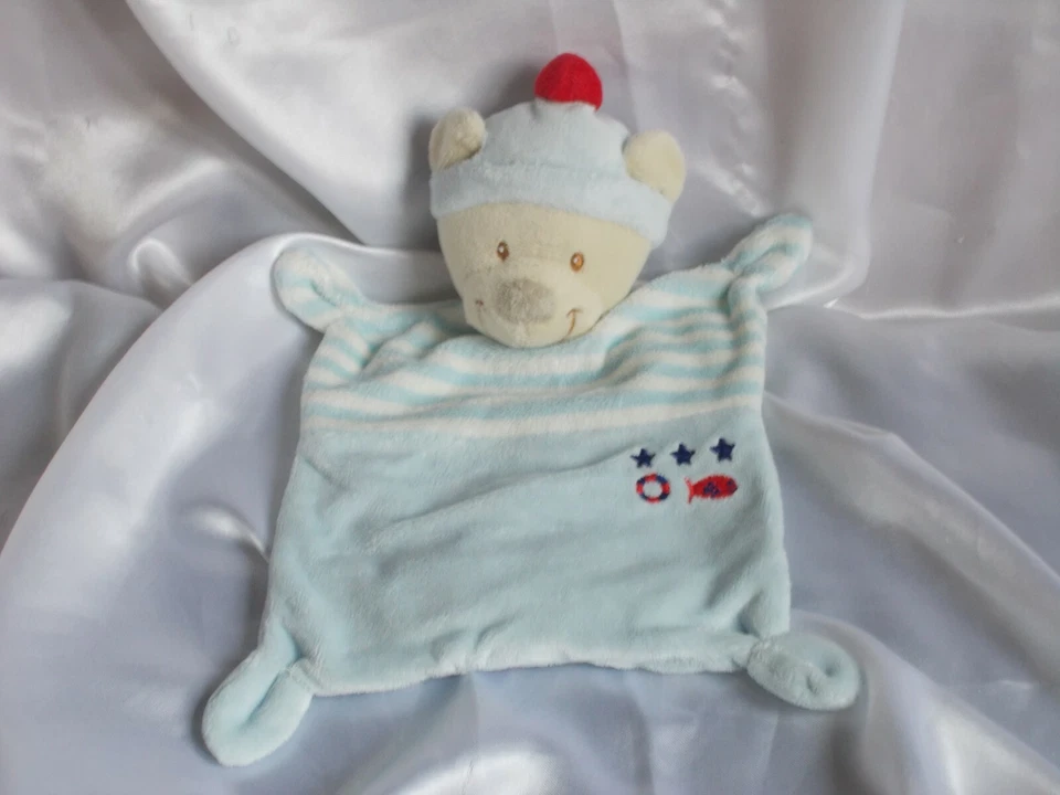 Doudou ours marin bleu et blanc, broderies poisson, bouée, étoiles, Nicotoy - Photo 1/1