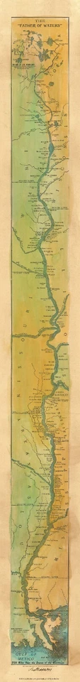 Póster mapa del río Mississippi Father of Waters 1887 - arte de pared decoración de casa de lago Foto 1 de 4