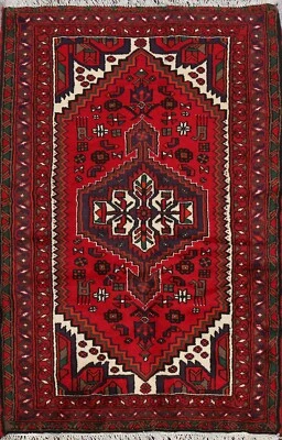 RED Geometric Tribal Hamedan Hand-knotted Area Rug Wool Oriental Carpet 3'x5' - Image 1 of 4
