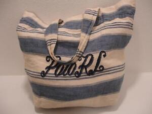 Polo Ralph Lauren Cotton Linen Tote Shoulder Bag Embroidered Polo RL Blue Cream