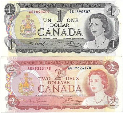 2 Different Canada Notes 1974 $2, and 1973 $1, Circulated - Image 1 of 2