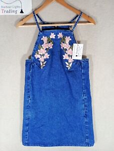 Topshop Moto Dress Blue Denim Embroidered Flower Pinafore/Dungaree Size 8 Summer