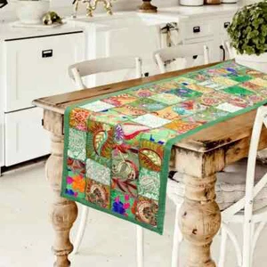 Indian Cotton Patchwork Table Runner Embroidered Dining Green Table Tapestry - Picture 1 of 3