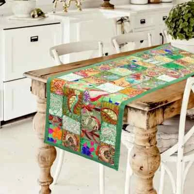 Indian Cotton Patchwork Table Runner Embroidered Dining Green Table Tapestry - Image 1 of 3