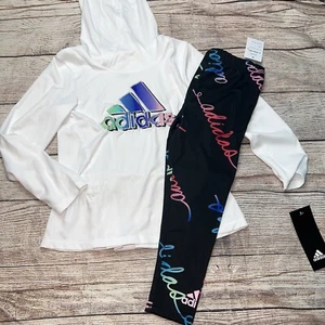 Adidas Little Girls Hooded Long Sleeve Script Leggings Outfit Set NEW - Picture 1 of 1