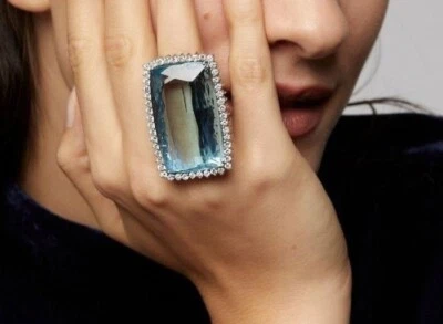925 Real Silver Huge Fine Aquamarine 75CT Ring Evening Cocktail Party Jewellery - Image 1 of 4