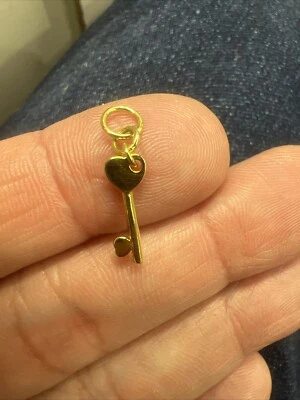 Very small Sterling Silver Gold Plated Key mini tiny charm Heart Shape Lovely - Image 1 of 4