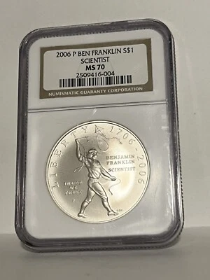 SILVER 2006 P FRANKLIN $1 SCIENTIST COMMEMORATIVE NGC MS 70 PERFECT - Image 1 of 2