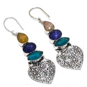 GreenSimulated, Blue Jade Gemstone 925 Sterling Silver Jewelry Earring 2.56" - Picture 1 of 5