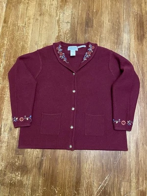 Cárdigan de lana floral bordado a mano Jantzen Classics suéter tejido rojo XL de colección Foto 1 de 4