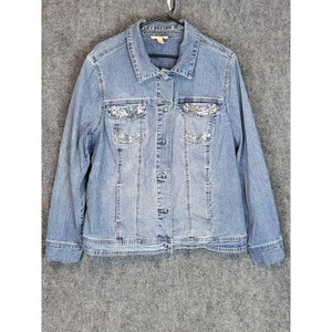 Dressbarn Denim Jacket Women's 2X Blue Sequin Embellished Jean Coat Cottagecore - Picture 1 of 10