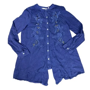 Weiche Umrandung bestickt marine Tunika Top M Knopfleiste Langarm Boho - Bild 1 von 8