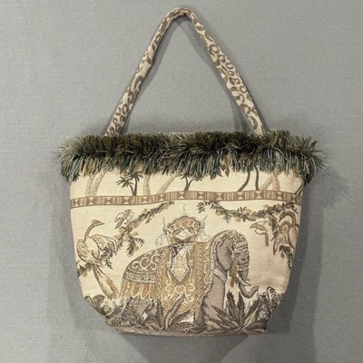 Elephant Tapestry Tote Bag Womens Beige Safari Fringe Leopard Shoulder Purse - Image 1 of 4