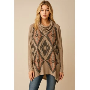 Enti Glamour Cowl Neck Aztec Geometric Long Sleeve Tunic Top Women's Boho Casual - Picture 1 of 5