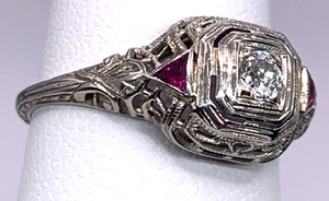 1920s 18k White Gold Ring Euro Cut Diamond Synthetic Ruby Sz 6.75 Edwardian - Picture 1 of 17
