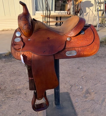 Crates Western Saddle 15.5" Light Oil Tooled Leather Engraved Silver Accents - Image 1 of 4