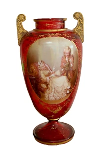 Antique Bohemian Cranberry Double Handle Vase w/ Porcelain Portrait - Picture 1 of 11