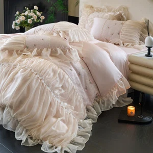 Juego de ropa de cama 4 piezas funda nórdica bordada algodón seda falda cama 2 fundas de almohada - Imagen 1 de 11