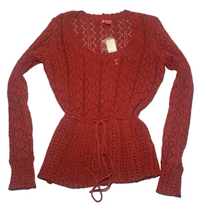 NEW Elle Sweater Loose Weave Crochet Peplum Tie Sparkly Chili Pepper Red Medium - Picture 1 of 12