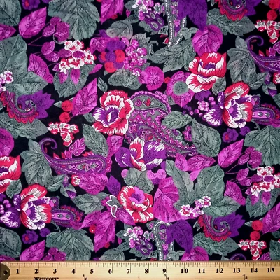 Tela floral púrpura oscuro negrita edredón negro algodón cachemira 45 x 2,4 yardas Foto 1 de 4