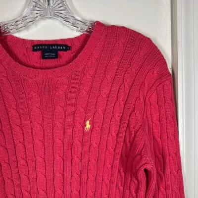 Suéter Ralph Lauren Mujer Pequeño Rosa Amarillo Poni Tejido con Cable Logo Algodón Foto 1 de 4