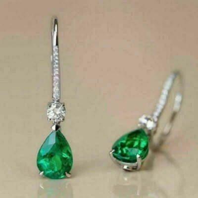 3.00 Ct Pear Cut Green Emerald Lab Created Dangle Earrings 14K White Gold Plated - Image 1 of 4