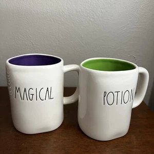 RAE DUNN Halloween White Magic & Potion Mug Set Lot 2 w green purple interior - Picture 1 of 6
