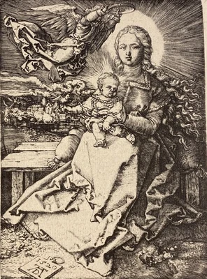 Maria, von einem Engel gekrönt, Albrecht Dürer (späterer Abzug) 1520 Kupferstich - Bild 1 von 4