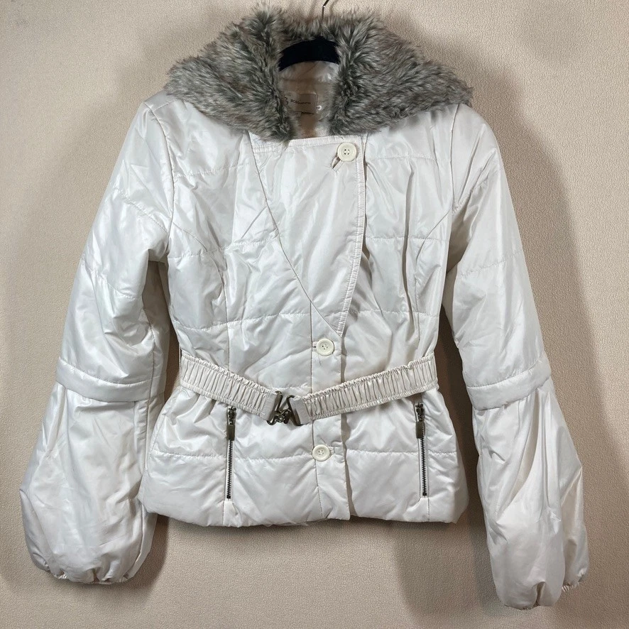 NWT BCBGeneration Quilted Puffer Coat Sz XS Ivory Faux Fur Hood Button Front - Image 1 of 4