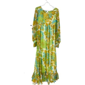 Maxikleid Vintage Gr. S Multi Blumen Stretch Plissee Rüschensaum Boho Hippie - Bild 1 von 6